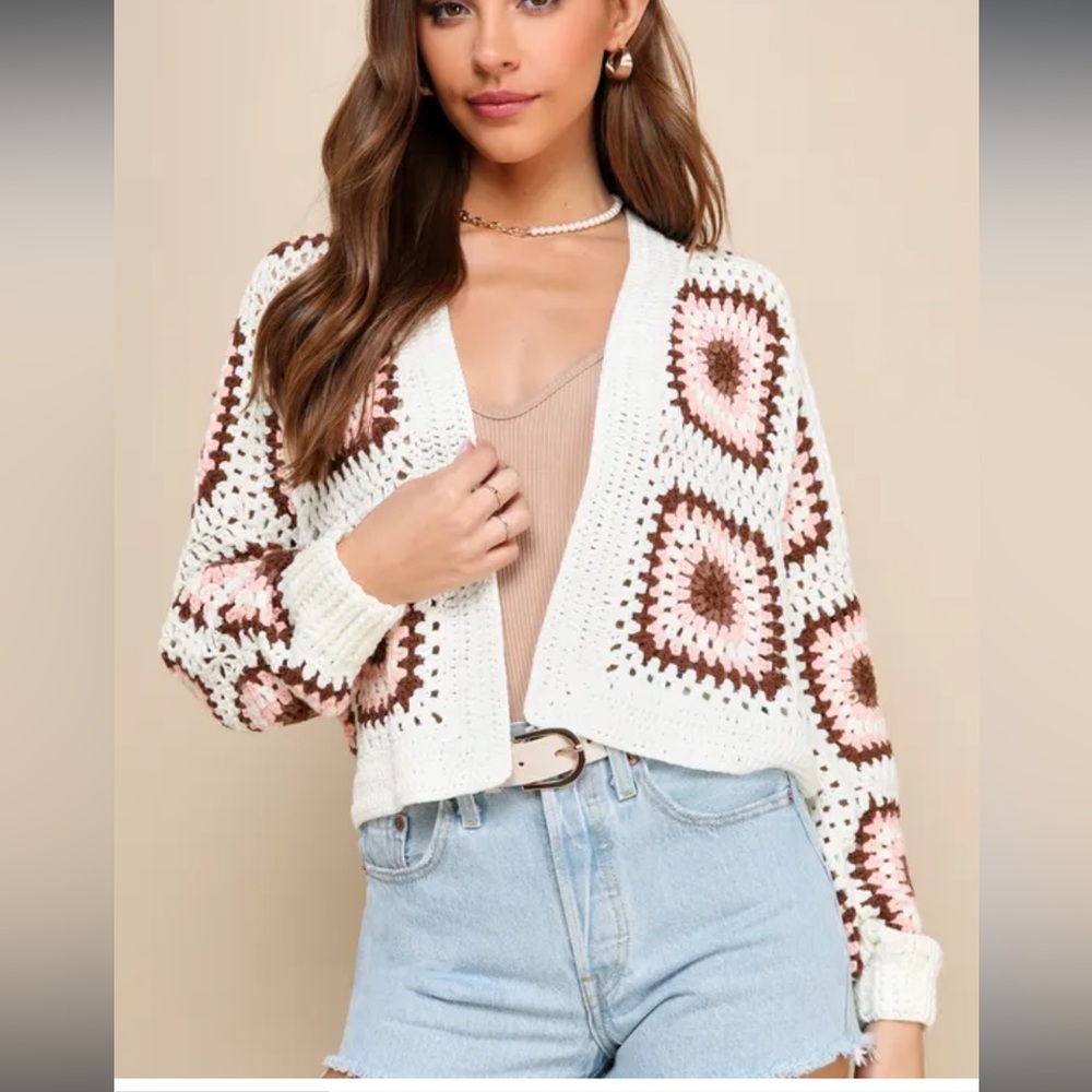 Lulus Cute Mentality Ivory Multi Crochet Open-Front Cardigan Sweater